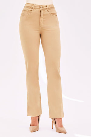Calça Jeans Reta Modeladora Cintura Alta Barra Corte a Laser Nude