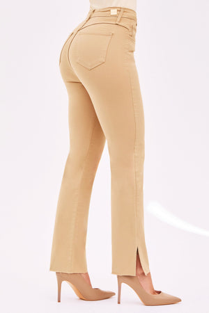 Calça Jeans Reta Modeladora Cintura Alta Barra Corte a Laser Nude