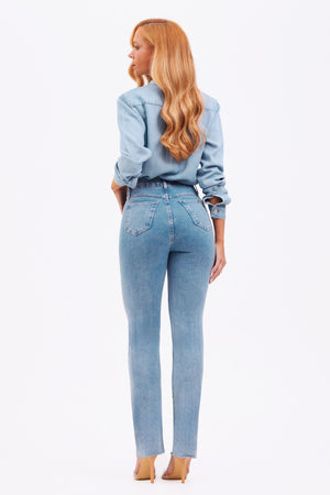 Calça Jeans Reta Modeladora Revolucionária Cós Super Alto Barra Corte a Laser Clara