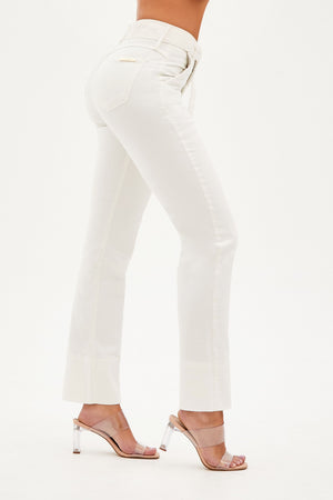 Calça Jeans de Rica Tecnológica Reta Off White Cós Médio