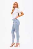 Calça Jeans Skinny Modeladora Revolucionária Cós Super Alto Barra Corte a Laser Clara