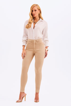 Calça Jeans Skinny Modeladora Cós Alto Nude