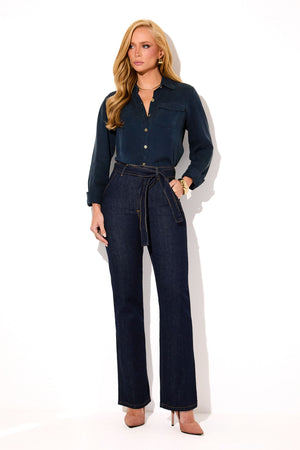 Calça Jeans Reta Estilo Alfaiataria Soul Escura Cintura Alta