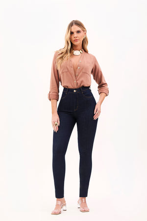 Calça Jeans Ultra Modeladora Skinny Cós Alto Barra Corte a Laser