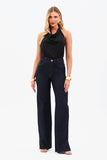 Calça Jeans Ultra Modeladora Wide Leg Cós Super Alto Barra Corte a Laser