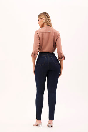 Calça Jeans Ultra Modeladora Skinny Cós Alto Barra Corte a Laser