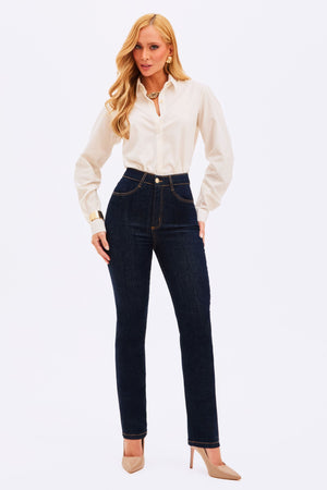 Calça Jeans Reta Ultra Modeladora Cintura Alta Barra Tradicional
