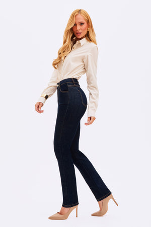 Calça Jeans Reta Ultra Modeladora Cintura Alta Barra Tradicional
