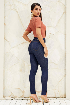 Calça Jeans Skinny Ultra Modeladora Cós Alto Barra Corte a Laser