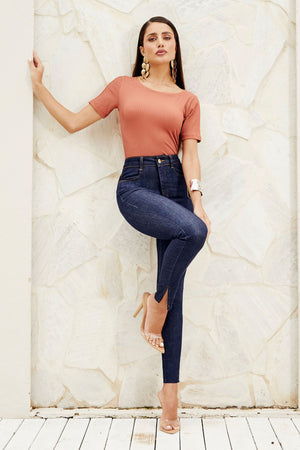 Calça Jeans Skinny Ultra Modeladora Cós Alto Barra Corte a Laser