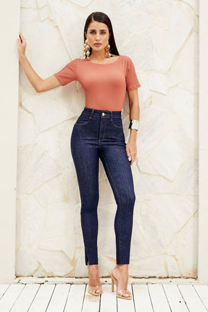 Calça Jeans Skinny Ultra Modeladora Cós Alto Barra Corte a Laser