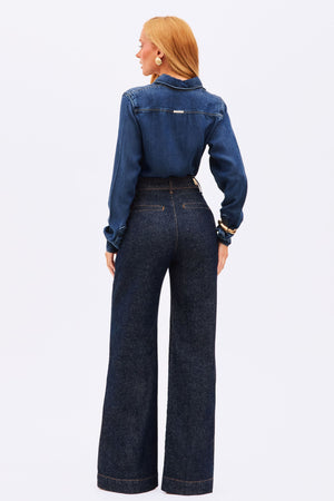 Calça Wide Leg Alfaiataria Jeans Escuro Cintura Super Alta