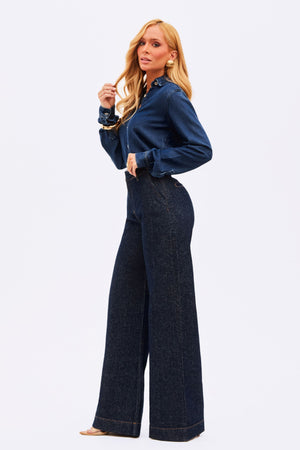 Calça Wide Leg Alfaiataria Jeans Escuro Cintura Super Alta
