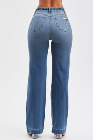 Calça Jeans Apaixonante Wide Leg Jeans Médio Cós Médio