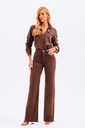 Calça Jeans Wide Leg Modeladora Cós Super Alto com Barra Desfiada Coffee