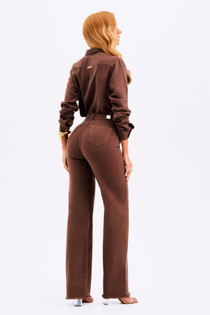 Calça Jeans Wide Leg Modeladora Cós Super Alto com Barra Desfiada Coffee