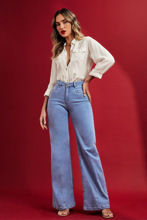 Calça Jeans Modeladora Wide Leg Com Amarração Cós Médio
