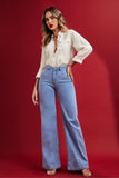 Calça Jeans Modeladora Wide Leg Com Amarração Cós Médio