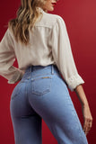 Calça Jeans Modeladora Wide Leg Com Amarração Cós Médio