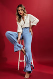 Calça Jeans Modeladora Wide Leg Com Amarração Cós Médio