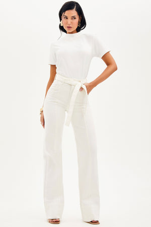 Calça Jeans de Rica Tecnológica Wide Leg Off White Cós Super Alto