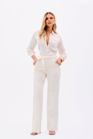 Calça Jeans de Rica Estilo Alfaiataria Tecnológica Wide Leg Cós Super Alto Off White