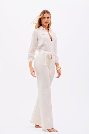 Calça Jeans de Rica Estilo Alfaiataria Tecnológica Wide Leg Cós Super Alto Off White