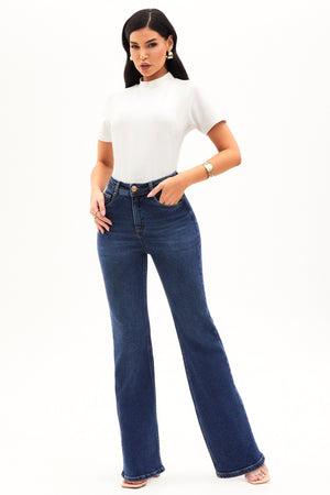 Calça Jeans Modeladora Essencial Wide Leg Jeans Escuro Cós Médio