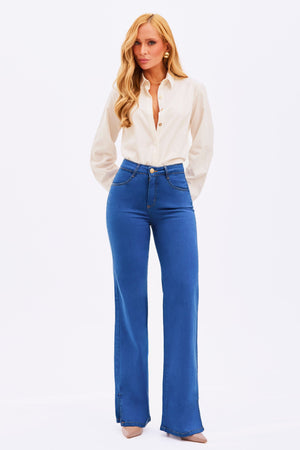 Calça Jeans Wide Leg Modeladora Linea Cintura Média