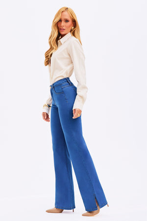 Calça Jeans Wide Leg Modeladora Linea Cintura Média
