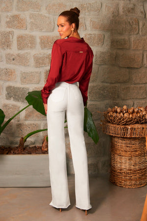 Calça Jeans Wide Leg Modeladora Milagrosa Cós Super Alto Barra Corte a Laser Branca