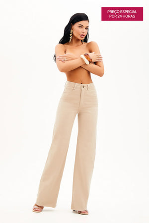 Calça Jeans Modeladora Nude Wide Leg Cós Super Alto