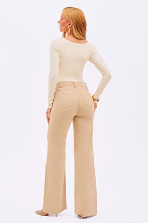 Calça Jeans Wide Leg Modeladora Cintura Super Alta Barra Corte a Laser Nude