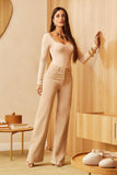 Calça Jeans Wide Leg Modeladora Cós Super Alto Barra Corte a Laser Nude