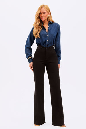 Calça Jeans Wide Leg Preta Cintura Média Preto Intenso