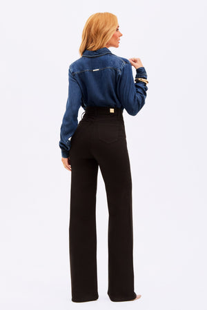 Calça Jeans Wide Leg Preta Cintura Média Preto Intenso