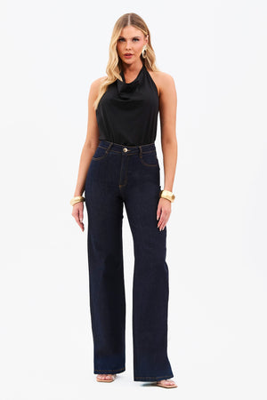 Calça Jeans Wide Leg Ultra Modeladora Cós Alto Barra Tradicional