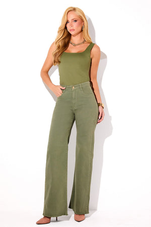 Calça Jeans Wide Leg Modeladora Cintura Super Alta Barra Desfiada Verde