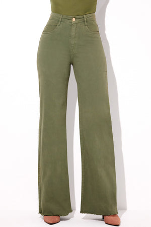 Calça Jeans Wide Leg Modeladora Cintura Super Alta Barra Desfiada Verde
