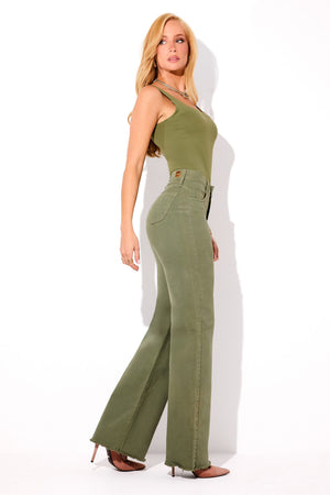 Calça Jeans Wide Leg Modeladora Cintura Super Alta Barra Desfiada Verde