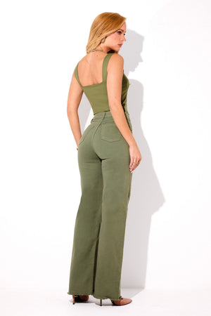 Calça Jeans Wide Leg Modeladora Cintura Super Alta Barra Desfiada Verde