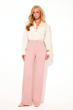 Calça Jeans Wide Leg Modeladora Cintura Super Alta Barra Desfiada Rosa