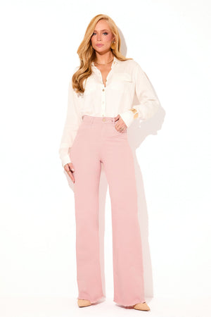 Calça Jeans Wide Leg Modeladora Cintura Super Alta Barra Desfiada Rosa