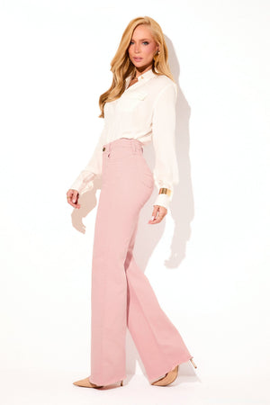 Calça Jeans Wide Leg Modeladora Cintura Super Alta Barra Desfiada Rosa