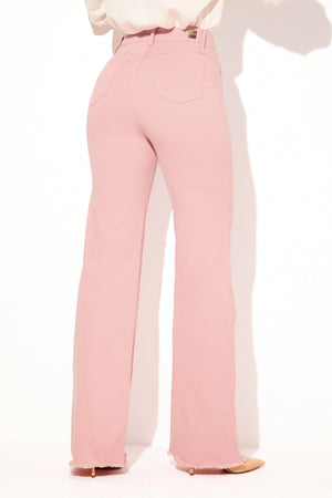 Calça Jeans Wide Leg Modeladora Cintura Super Alta Barra Desfiada Rosa