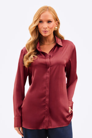 Camisa Feminina Acetinada Manga Longa Marsala