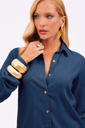 Camisa Feminina de Linho Clássica Dunas Azul Marinho