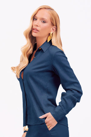 Camisa Feminina de Linho Clássica Dunas Azul Marinho