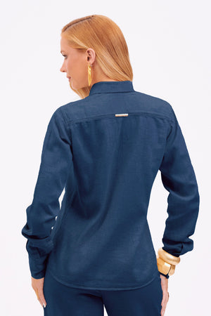 Camisa Feminina de Linho Clássica Dunas Azul Marinho