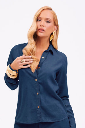 Camisa Feminina de Linho Clássica Dunas Azul Marinho